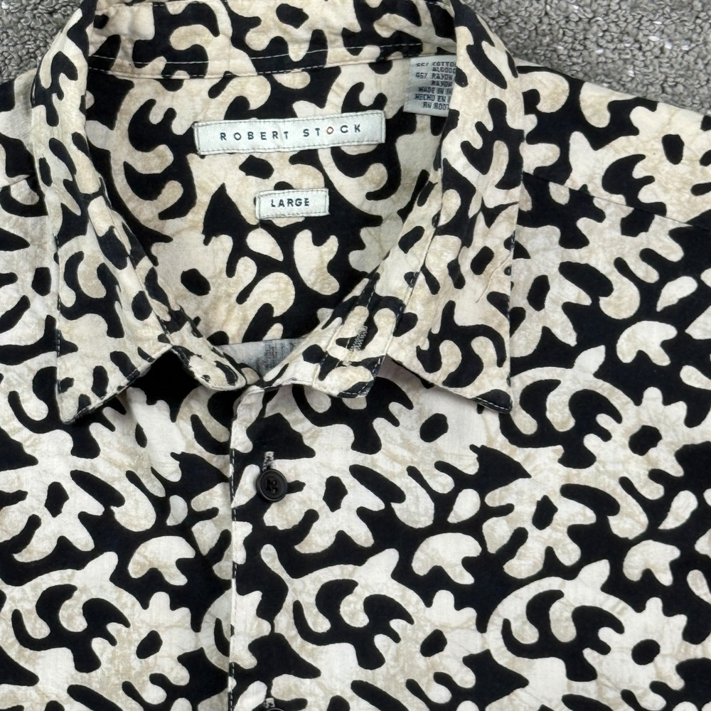 Vintage 90s Mens L Black White Abstract Print Rayon Blend Shirt Robert Stock